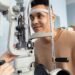 Slit-lamp eye examination in a UK independent optician practice — central to cataract assessment and grading.