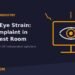 An eye on a computer monitor with fatigue lines and a break-time clock on a navy background - digital eye strain guidance for UK independent optician practices.